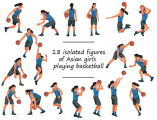 18 of Thai or Japan girls playing women's basketball in blue jersey standing with ball, running, jumping, throwing, shooting, dunking, passing