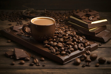 Coffee beans product photography warm and cozy studio close up,Coffee beans and chocolate on the table,

