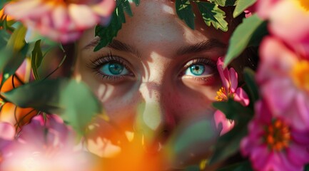 Close-up portrait of woman's face framed by colorful flowers and green leaves.