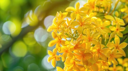 Summer Blooms: Closeup of Yellow Tiare Flowers in Melanesian Island. Bunch of Plants with Green - obrazy, fototapety, plakaty