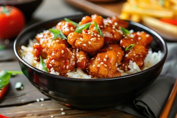 Spicy Sweet and Sour General Tso Chicken with Rice and Stir-Fry Vegetables on a White Background