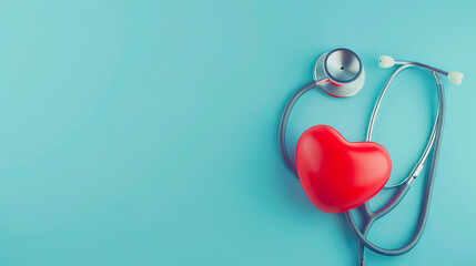 A heart shaped stethoscope on a blue background.