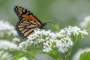 Fototapeta premium Wanderer Feeding on Boneset in Illinois Wilderness. Beautiful Monarch Butterfly on Common Boneset