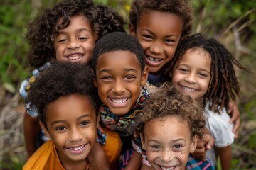 Obraz premium A group of young children, likely siblings, standing next to each other in a posed manner for a family portrait, A group of siblings posing for a family portrait with big smiles