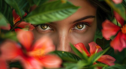 Close-up portrait of woman's face framed by colorful flowers and green leaves.