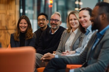 Fototapeta premium Group of people, CEOs, sitting sharing insights and strategies, engaged in discussion, happy faces, A group of smiling CEOs sharing insights and strategies for growth