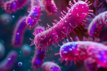 This image shows a cluster of microbe-like structures with intricate details in pink and blue hues suggesting biomedical themes