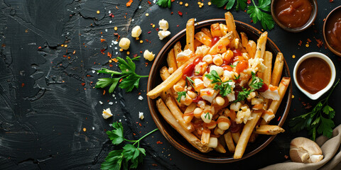 Delicious crispy french fries with ketchup and assorted toppings in a black bowl on dark background