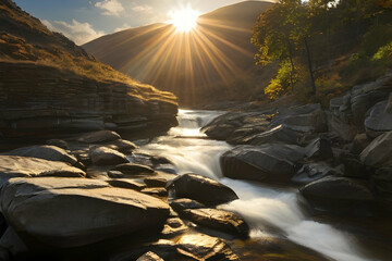Sunrays reflecting on the water surface of a tranquil natural pool,Natural Nirvana Pristine Wilderness,Image of View above gorge with river through narrow pass

