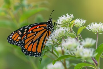 Monarch Butterfly Feeding on Common Boneset in Illinois Wilderness: A Beautiful Wanderer in Search