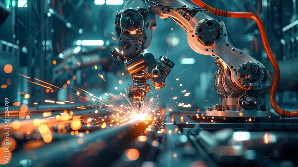 Poster High-tech industrial factory with automation, robotic arms and modern machinery. Welding and engineering processes in steel manufacture, automated control..