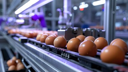 Robotic egg production line in a modern indoor food processing facility. Concept Robotic Technology, Food Processing, Modern Facilities, Indoor Operations, Egg Production,
