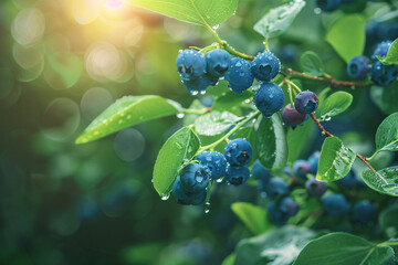 close up of blueberries growing in the garden or forest