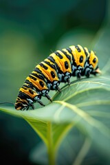Monarch Caterpillar Eating Milkweed Leaf - Closeup of Yellow Larvae Insect Feeding on Leaf