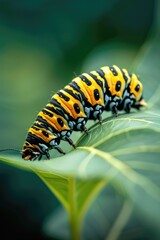 Fototapeta premium Monarch Caterpillar Eating Milkweed Leaf - Closeup of Yellow Larvae Insect Feeding on Leaf