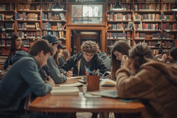 Students sitting together at a table in a library, studying and working on projects, A group of students studying together in a library
