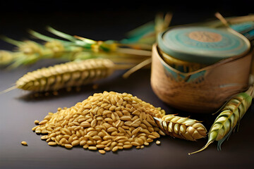 Cumin rice HD 8K wallpaper Stock Photographic,A green background with a bowl of turmeric powder and a bowl of wheat

