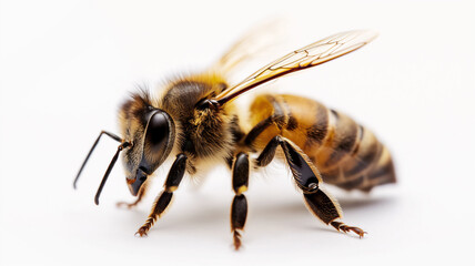 Close-up of a honeybee with detailed wings and fuzzy body, set against a white background.