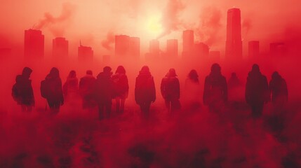 A group of people standing in front of a city skyline, AI