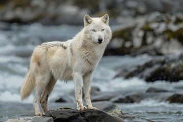 White wolf standing on a rock in the river,  Wild animal