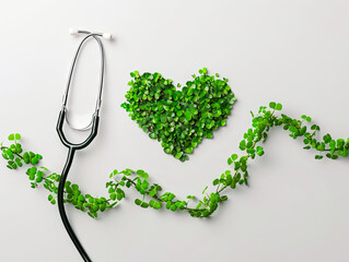 A stethoscope and green leaves shaped into a heart.