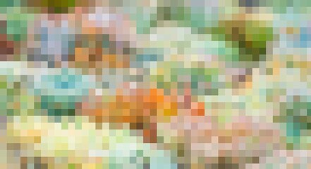 A pixelated image of a forest with a variety of colors and textures