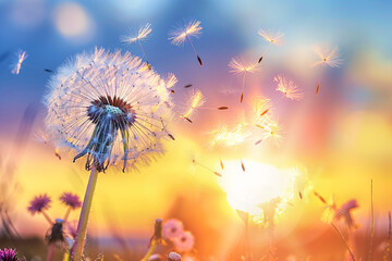 dandelion flower and seeds floating away over sunset view, summer background