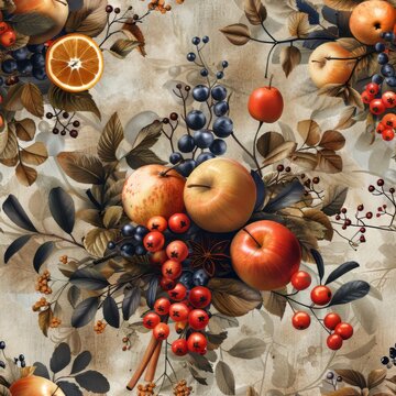 Seamless pattern of fruits and branches on a light background.
