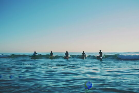 A group of people riding surfboards on top of a wave in the ocean, A group of surfers paddling out to sea