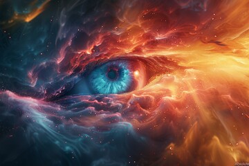 An enchanting close-up of an eye set against a dynamic fiery cosmic backdrop, evoking a sense of mystery