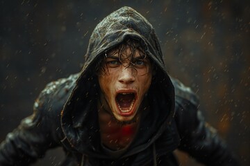 Portrait of a man in a hood in the rain on a dark background