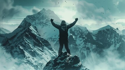 A man stands triumphantly on the mountain summit, arms raised in jubilation, embodying the exhilarating feeling of success and accomplishment hyper realistic 