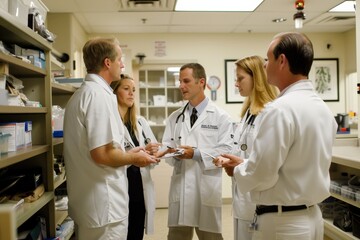 Obraz premium Group of veterinarians in white lab coats having a discussion about a treatment plan, A group of veterinarians discussing a treatment plan in a veterinary hospital