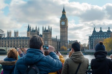 Group of people photographing the iconic Big Ben clock tower in a bustling tourist scene, A group of tourists snapping photos in front of a famous landmark
