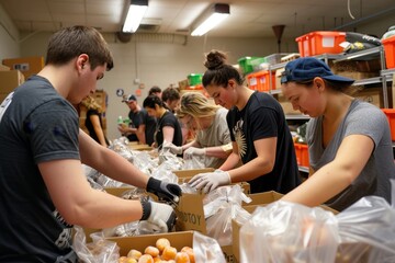 A group of people standing around, organizing and packing boxes of food for distribution, A group of volunteers packing bags of food for distribution