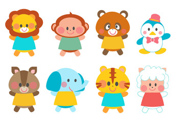 保育動物イラスト全身素材集_ライオン、猿、たぬき、ぺんぎん、しまりす、ぞう、とら、羊