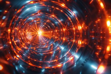 Fototapeta premium A digital art piece showing a bright red tunnel with intense neon lights leading towards a glowing center Represents speed and motion