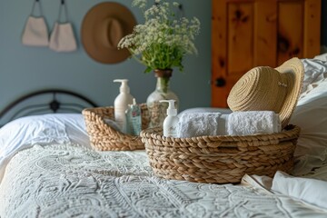 A bed in a guest room with a basket placed on top, A guest room with a comfy bed and a basket of toiletries for visitors to feel at home