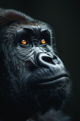 A gorilla with bright yellow eyes staring into the distance, AI