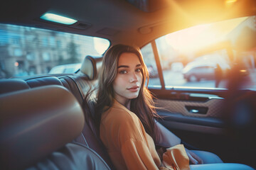 young beautiful woman sitting on backseat in taxi car