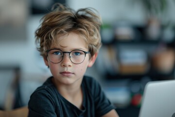 Close-up of a little boy wearing glasses sitting at table with open laptop. Diligent kid learns basics of computer coding. Cute child dreams of becoming a programmer. Online education, IT lessons.