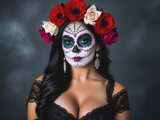 Obraz premium Mexican holiday of the dead and halloween. a Women with sugar skull make up and flowers