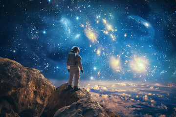 Astronaut in outer space standing and looking on earth
