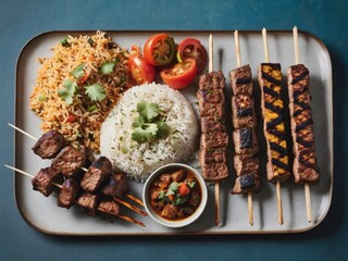 Middle eastern kebabs and rice from above