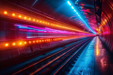 A vibrant tunnel bustling with dynamic colors and lights creates a futuristic transit pathway