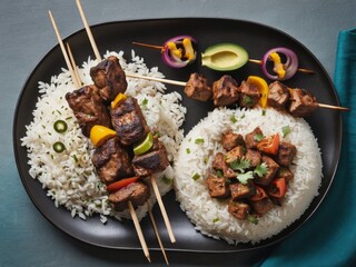 Middle eastern kebabs and rice from above