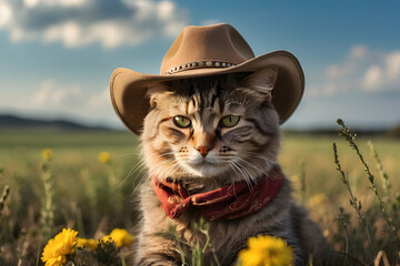 Cute fantasy cat animal,Cute cowboy kitten wearing a cowboy hat in the wild west,Cat Cowboy Image

