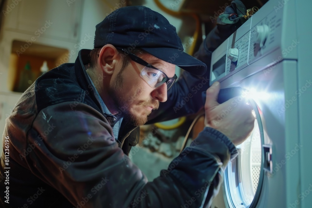Poster a man is diligently fixing a broken machine using tools and a flashlight in a workshop setting, a ha
