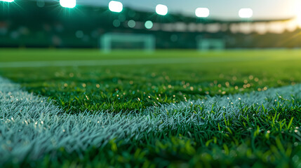 Naklejka premium Closeup of the grass of a football stadium with the lights on and out of focus background