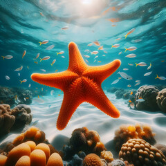 A starfish in the ocean with the sun shining on it,
Oceanic dreamscape a weeklong immersion in the calming blue world with a starfish
